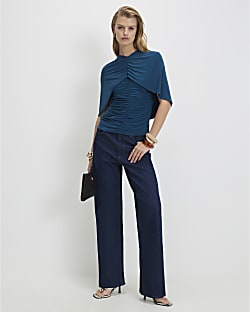 Blue Ruched Cape Front Top
