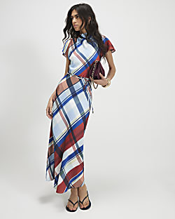 Blue Satin Check Print Maxi Dress