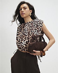 Brown Cotton Leopard Print Bubble Hem T-Shirt