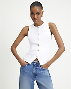 White Cotton Blend Gold Button Tank Top