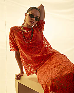 Orange Cotton Blend Short Sleeve Lace T-shirt