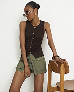 Brown Cotton Blend Gold Button Tank Top