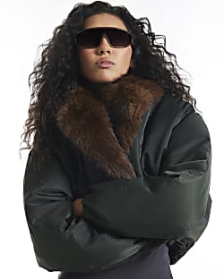 Khaki Fur Shawl Collar Padded Jacket