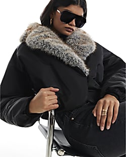Black Fur Shawl Collar Padded Jacket