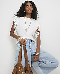 White Cotton Fringe T-Shirt