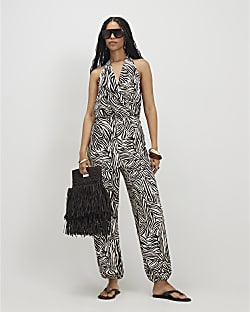 Beige Zebra Textured Halter Jumpsuit