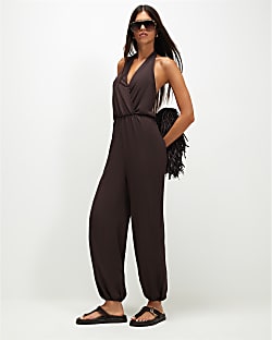 Brown Textured Halter Neck Jumpsuit