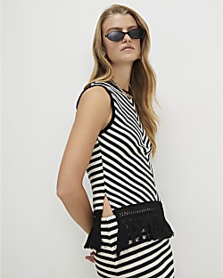 Cream Cotton Blend Fringe Stripe Tank Top