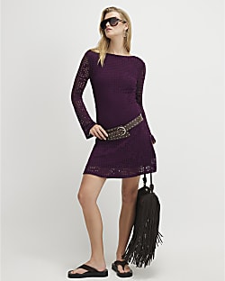 Purple Long Sleeve Crochet Mini Dress