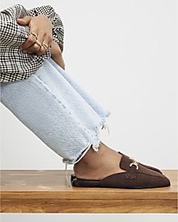 Brown Wide Fit Faux Suede Backless Loafers