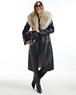 Black Belted Shearling Trench Coat