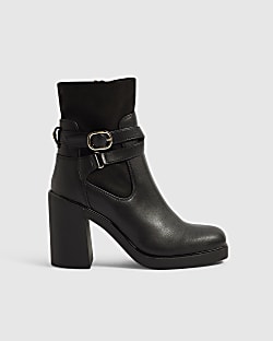 Black Faux Leather Chunky Buckle Ankle Boots