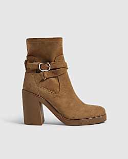Brown Faux Suede Chunky Buckle Ankle Boots