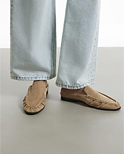Beige Faux Suede Backless Ruched Loafers