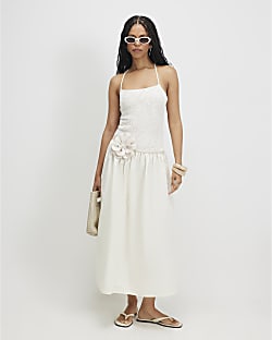 Cream Sleeveless Lace Hybrid Midi Dress