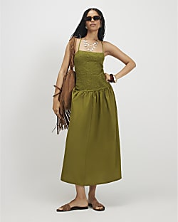 Khaki Sleeveless Lace Hybrid Midi Dress