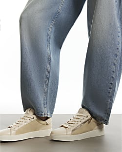 Beige Zip Side Lace Up Trainers