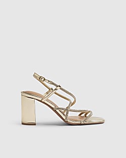 Gold Embellished Strappy Block Heel Sandals