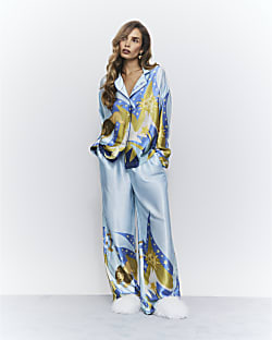 Blue Satin Astrology Pyjama Set