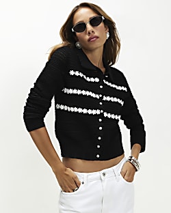 Black Knitted Long Sleeve Daisy Cardigan