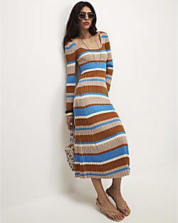 Brown Long Sleeve Stripe Knit Midi Dress