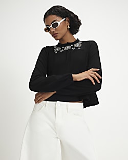 Black Long Sleeve Floral Broderie Top