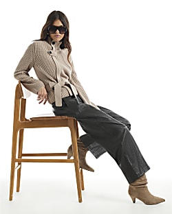 Brown Soft Faux Leather Barrel Leg Trousers
