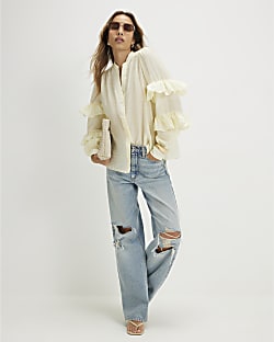 Cream Long Sleeve Ruffle Blouse