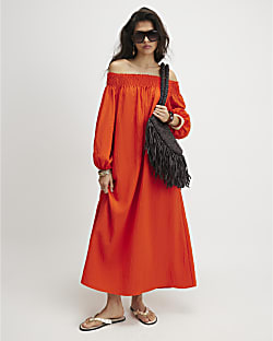 Red Cotton Bardot Maxi Dress
