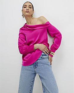 Pink Satin Off The Shoulder Long Sleeve Top