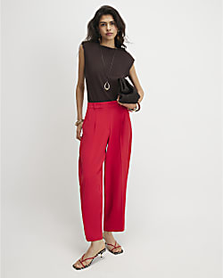 Red Drapey Barrel Leg Trousers