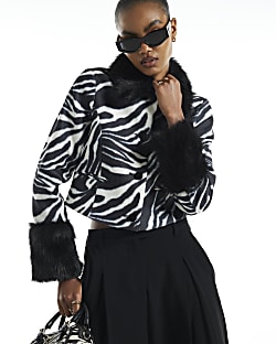 Black Zebra Print Faux Fur Cuff Coat