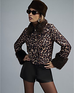 Brown Leopard Print Faux Fur Cuff Coat