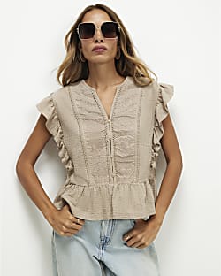 Beige Cotton Jersey Button Up Blouse