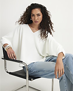 White V Neck Batwing Top