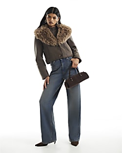 Brown Faux Fur Collar Bonded Crop Jacket