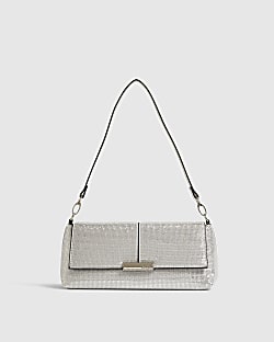 Silver Embellished Flap Over Clutch Bag