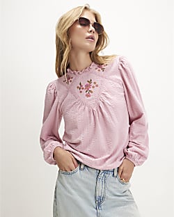 Pink Cotton Floral Embroidered Textured Top