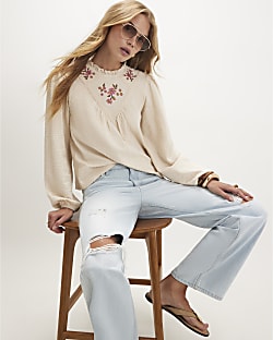 Beige Cotton Floral Embroidered Textured Top