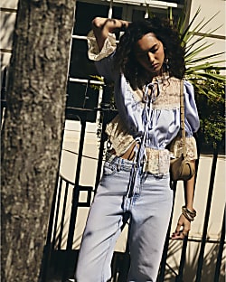 Blue Satin Lace Tie Front Top