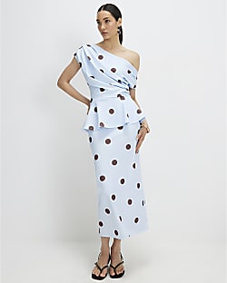 Blue Peplum Polka Dot Midi Dress