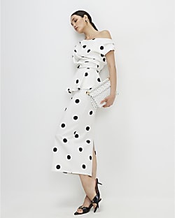 White Peplum Polka Dot Midi Dress