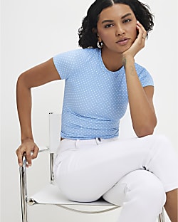 Blue Short Sleeve Polka Dot Top