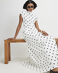 White Short Sleeve Polka Dot Maxi Dress