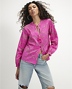 Pink Cotton Floral Embroidered Blouse