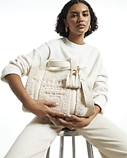 Beige Embroidered Faux Fur Tote Bag