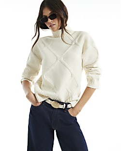 Cream Clean Argyle High Neck Jumper