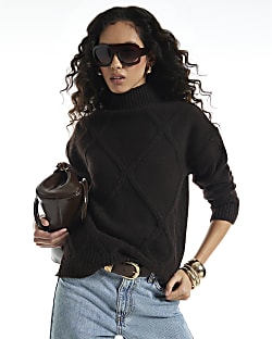 Brown Clean Argyle High Neck Jumper