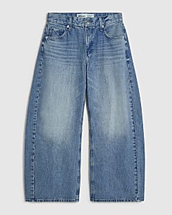 Petite Blue Mid Rise Barrel Leg Jeans