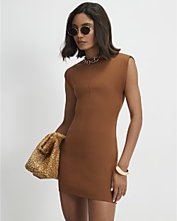 Brown Knit Fitted Brunch Dress
